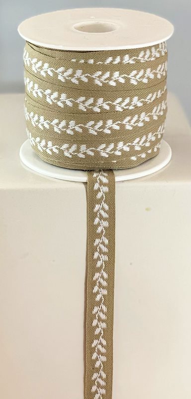 Band, vita blad på beige botten, 13mm